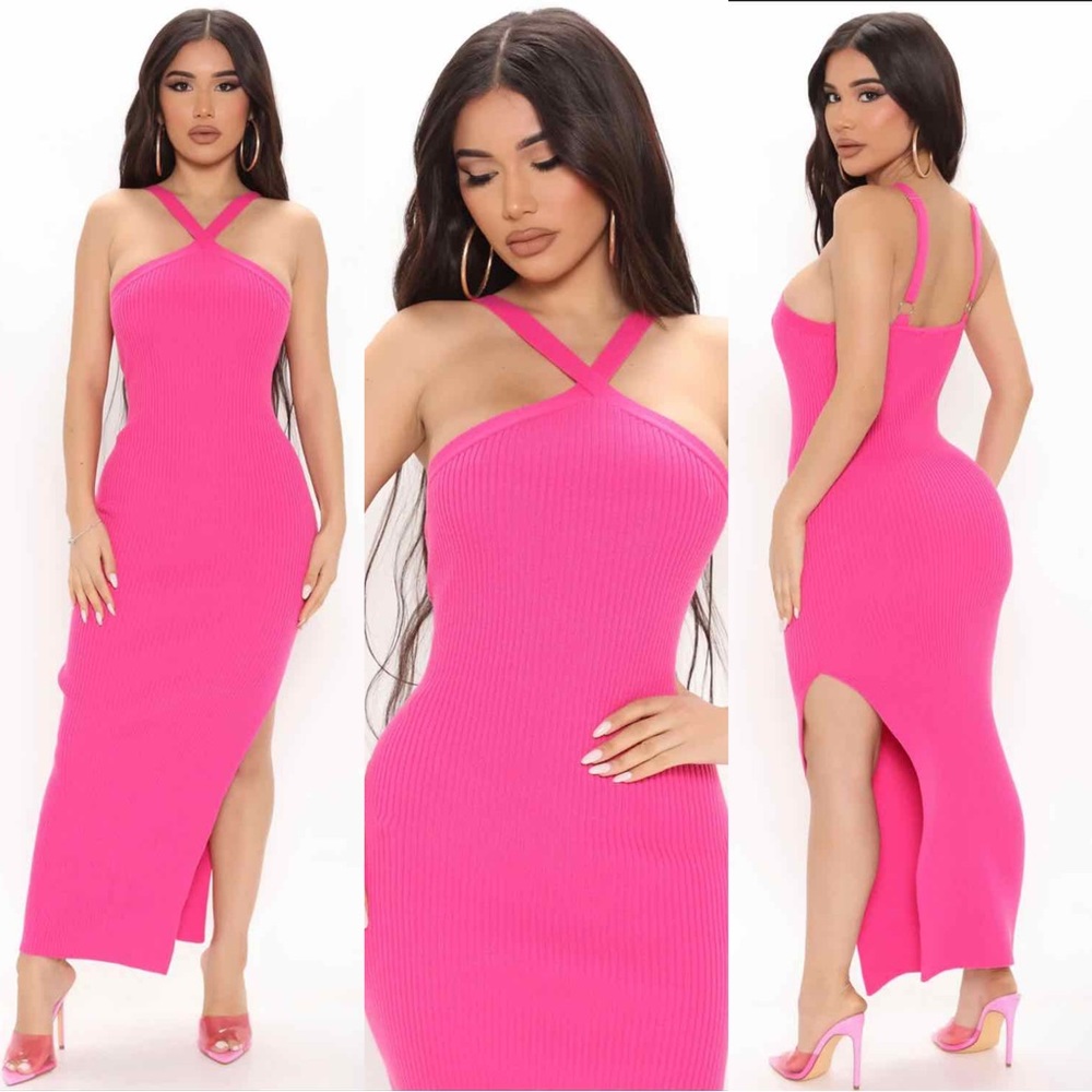 🎀 NEW | Pink Sweater Maxi Dress with Side Slit and Criss Cross Neckline